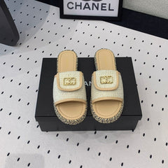 Double CC Women New Trendy Calfskin Slippers Beige Cream