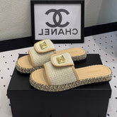 Double CC Women New Trendy Calfskin Slippers Beige Cream