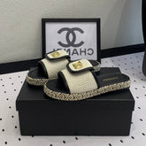 Double CC Women New Trendy Calfskin Slippers White Black