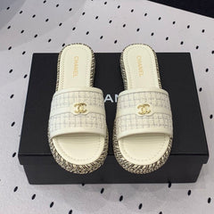 Double CC Women White Slippers Calfskin