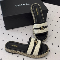 Double CC Women White Black Slippers Calfskin