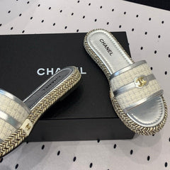 Double CC Women Silver Slippers Calfskin