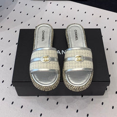 Double CC Women Silver Slippers Calfskin