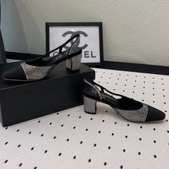 Double CC Rhinestone Slingback Sheepskin Silver Black