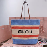 TOTE BAG 40 IN STRIPED PATTERN OF LIGHT BLUE ORANGE AND CREAM WHITE WOVEN RAFFIA