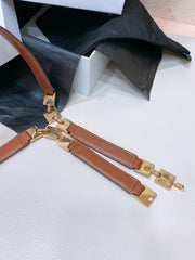 CL SMALL 18 MM SQUARE ADJUSTABLE BELT IN BRONZE BROWN LEATHER GOLD HARDWARE