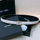 CC BELT 20MM IN WHITE EMBROIDERED CALFSKIN GOLD HARDWARE ATTACH PEARL