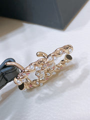 CC BELT 20MM IN BLACK EMBROIDERED CALFSKIN GOLD HARDWARE ATTACH PEARLS