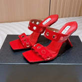 ALAIA TWO-STRAPS HIGH HEEL SANDALS IN CHERRY RED PATENT LAMBSKIN