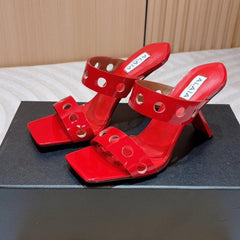 ALAIA TWO-STRAPS HIGH HEEL SANDALS IN CHERRY RED PATENT LAMBSKIN