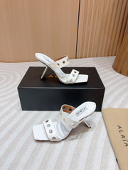 ALAIA TWO-STRAPS HIGH HEEL SANDALS IN WHITE PATENT LAMBSKIN