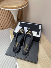 CC SLINGBACKS BLACK SATIN AND LAMBSKIN