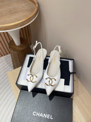 CC SLINGBACKS WHITE SATIN AND LAMBSKIN