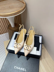 CC SLINGBACKS BEIGE CREAM SATIN AND LAMBSKIN