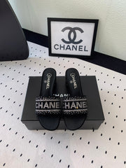 CC RHINESTONE LETTER HIGH HEELS BLACK AND WHITE LAMBSKIN