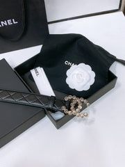 CC BELT 30 MM IN BLACK EMBROIDERED CALFSKIN PEARL LOGO WITH GOLD HARDWARE