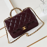 FLAP BAG WITH TOP HANDLE 25 IN WINE RED OIL-WAX LAMBSKIN GOLD HARDWARE