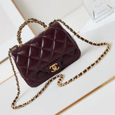 FLAP BAG WITH TOP HANDLE 18 IN WINE RED OIL-WAX LAMBSKIN GOLD HARDWARE