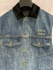 Miu Navy Denim Trucker Vest