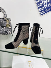 NAUGHTILY-D HEELED ANKLE BOOT IN BLACK EMBROIDERED MESH AND SUEDE 8 CM