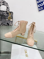 NAUGHTILY-D HEELED ANKLE BOOT IN BISQUE BEIGE EMBROIDERED MESH AND SUEDE 35 MM