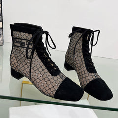 NAUGHTILY-D HEELED ANKLE BOOT IN BLACK EMBROIDERED MESH AND SUEDE 35 MM