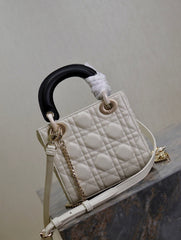 MINI LADY BAG 17 IN WHITE QUILTED MACROCANNAGE CALFSKIN BLACK STRAP