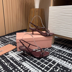 STRAP HIGH HEEL SANDALS IN WINE RED SHINY LAMBSKIN