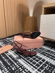 STRAP HIGH HEEL SANDALS IN WINE RED SHINY LAMBSKIN