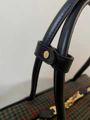 BEAU TOP HANDLE BAG 34 IN LODEN GREEN TARTAN AND BLACK LEATHER TRIM