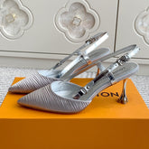 BLOSSOM SLINGBACKS 75 MM IN SILVER IMPORTED STRIPED SILK SATIN