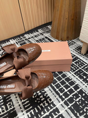 MARY JANE MID HEEL PUMPS IN RUSSET BROWN PATENT LAMBSKIN WITH BOW