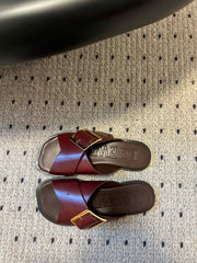 PETAL BELT FLAT SANDAL IN SANGRIA RED CALFSKIN