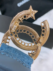 DOUBLE C ELASTIC BELT 30MM IN BLUE DENIM GOLD CRYSTAL STAR EMBELLISHED BUCKLE