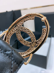 DOUBLE C BELT 38MM IN BLACK QUILTED LAMBSKIN WITH GOLD OVAL BUCKLE CENTERED LOGO