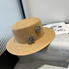 FLAT STRAW HAT BROWN FLOWER ATTACHMENT 673930