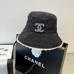 BLACK BUCKET HAT WITH FLORAL BORDER 673996