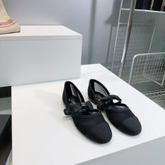 CHANEL FLAT MARY JANE SHOES 25S IN BLACK MESH FABRIC EMBOSSED LOGO WITH BOW