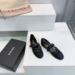 CHANEL FLAT MARY JANE SHOES 25S IN BLACK MESH FABRIC EMBOSSED LOGO WITH BOW