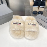 BALENCIAGA 25S FUR SLIPPERS IN LIGHT BEIGE FAUX SHEARLING