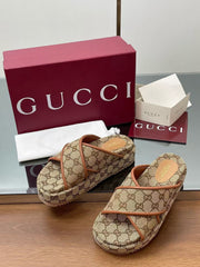 GG PLATFORM SANDALS IN BEIGE AND DARK BROWN GG CANVAS