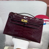 HM KELLY MINI 22 BORDEAUX RED AMERICAN ALLIGATOR GOLD BUCKLE
