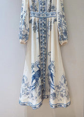 ZIMMERMANN Lucky Plunge Midi Dress Cream/Blue Floral Linen Fabric