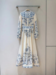 ZIMMERMANN Lucky Plunge Midi Dress Cream/Blue Floral Linen Fabric