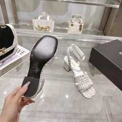 CC HIGH-HEELED SANDALS IN BLACK AND WHITE TWEED