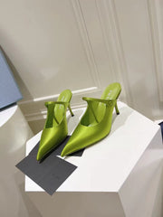 PRA 75 POINTED SATIN MULES IN GREEN FLEECE HEEL