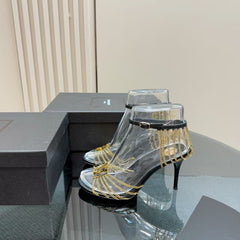 YSL HIGH HEEL CHAIN SANDALS IN BLACK CALFSKIN AND METAL