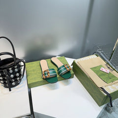 GG BAMBOO BUCKLE FLAT SANDALS GREEN