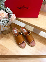 LACE-UP WEDGE SANDALS IN BRONZE BROWN CALFSKIN WITH STUDS