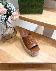 HIGH 10CM WEDGE SANDALS IN RUSSET BROWN SHEEPSKIN